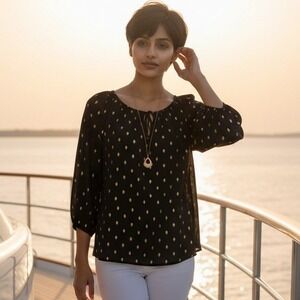 Mlle Gabrielle 2X Women's Plus Size Black Blouse Gold Foil Leaves 3/4 Sleeve NWT